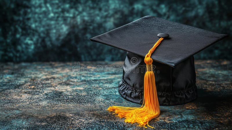 graduation cap orange tassel textured background celebratory setting black graduation cap sits dark textured 359951424